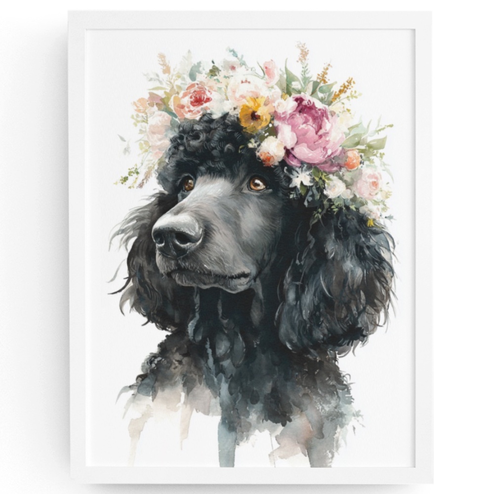 Watercolor Black Poodle with Flowers Crown Portrait Wall Art Print - Unframed